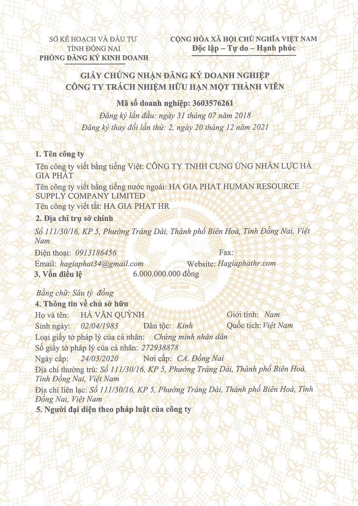 Giấy phép hoạt động của Hà Gia Phát 1
