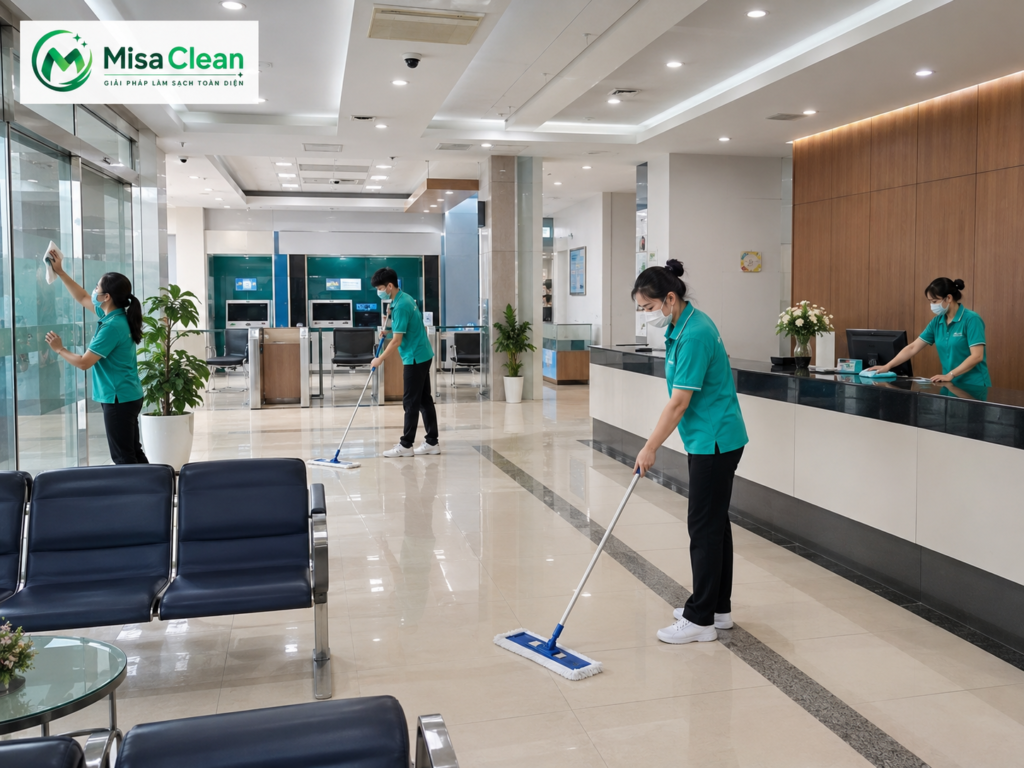 Dịch vụ tạp vụ ngân hàng của MISA Clean giúp duy trì sảnh giao dịch luôn sạch sẽ, gọn gàng và chuyên nghiệp theo hình thức trọn gói hoặc theo tháng.