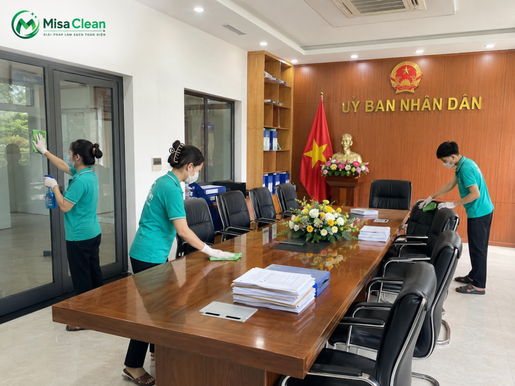 Dịch vụ tạp vụ ủy ban trọn gói giúp vệ sinh phòng họp, bàn ghế, cửa kính và khu hành chính, phù hợp với các đơn vị cần môi trường làm việc chỉn chu, chuyên nghiệp.
