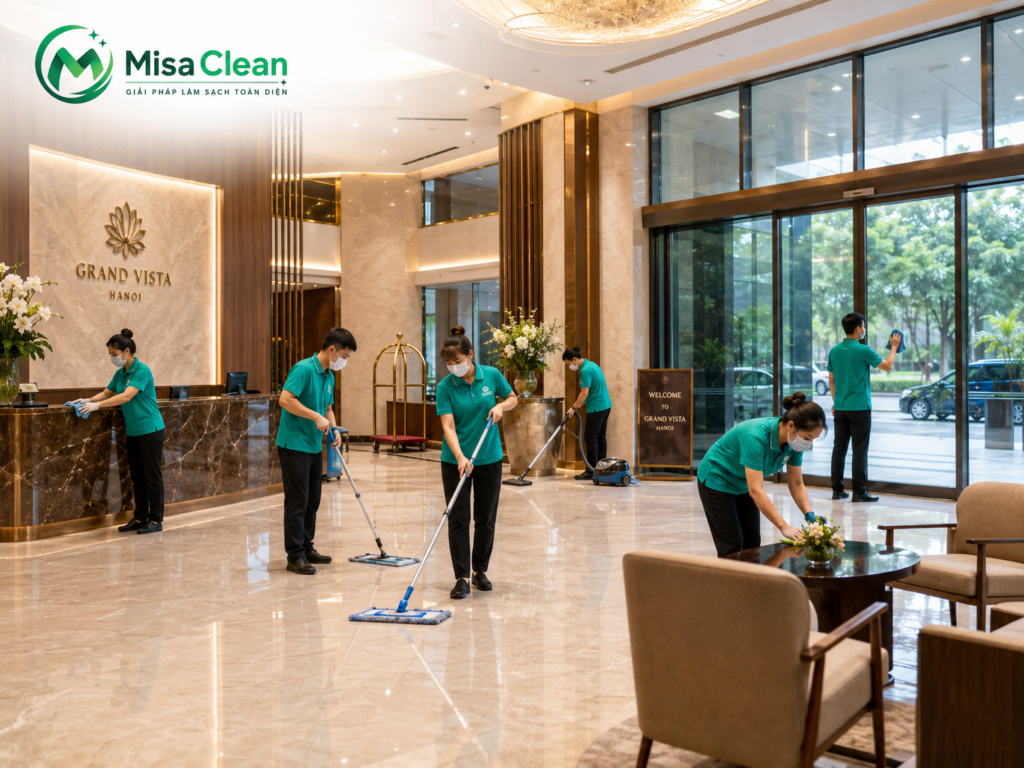 MISA Clean cung cấp tạp vụ khách sạn trọn gói, hỗ trợ lau sảnh, vệ sinh kính, quầy lễ tân và khu vực đón khách luôn sạch đẹp, sang trọng.