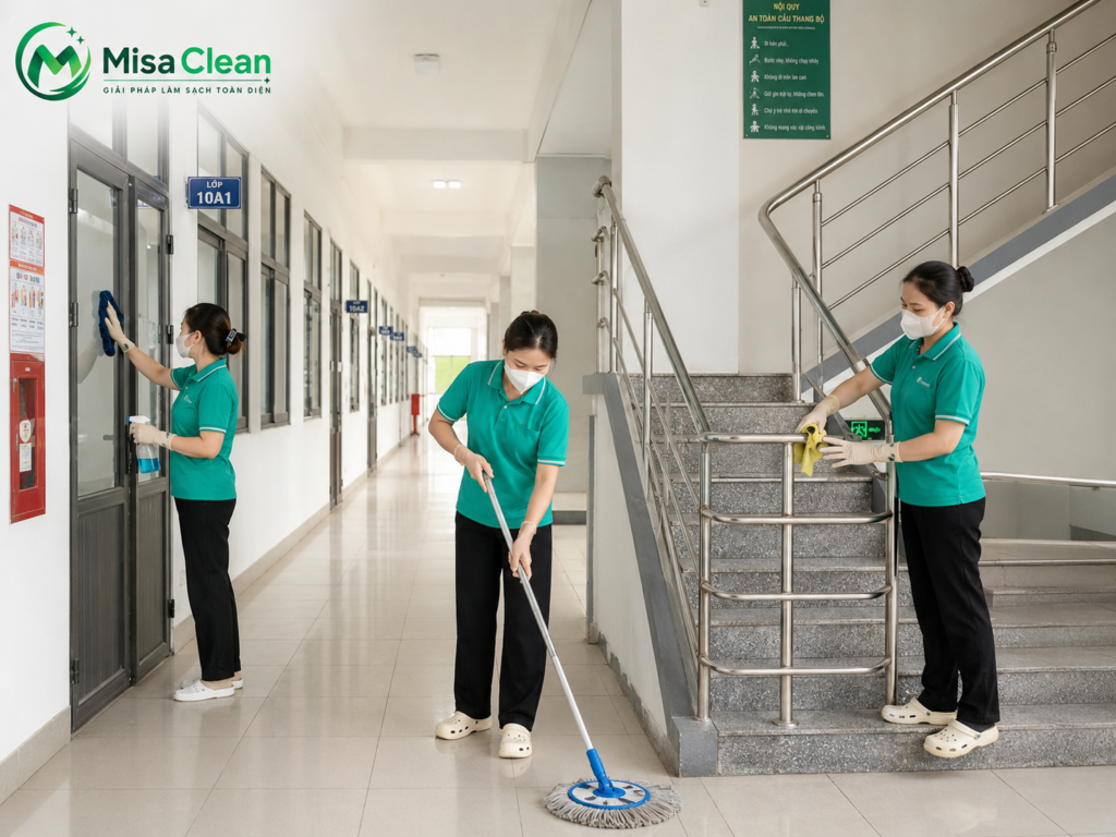 MISA Clean cung cấp tạp vụ trường học trọn gói, đảm nhận vệ sinh hành lang, cầu thang, tay vịn và các khu vực chung trong trường học theo checklist rõ ràng.