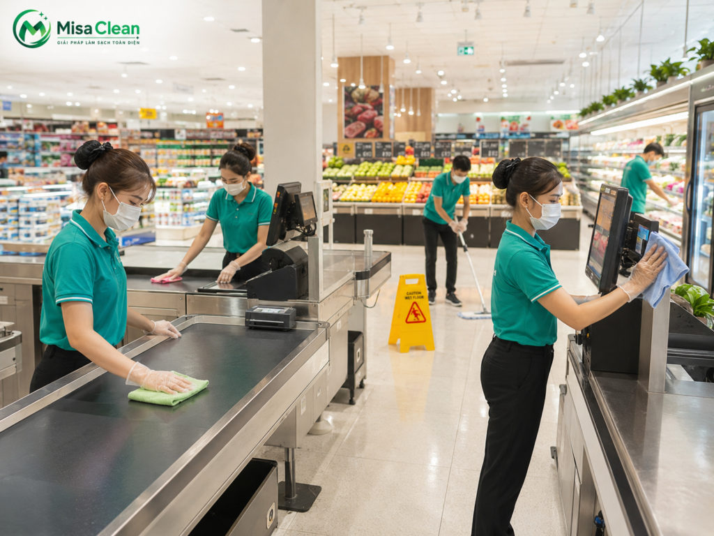Nhân viên MISA GROUP lau dọn sạch sẽ các khu vực trong siêu thị với dịch vụ cung ứng tạp vụ siêu thị