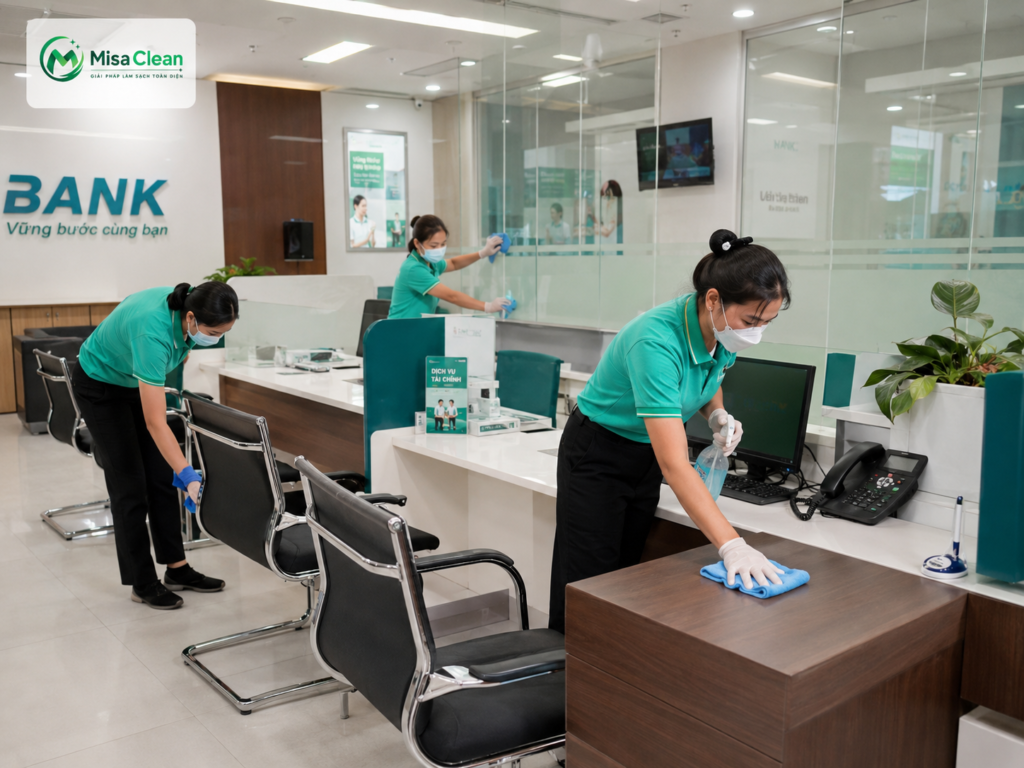 Nhân viên tạp vụ ngân hàng thực hiện lau dọn quầy giao dịch, kính ngăn, bàn ghế và khu vực làm việc, phù hợp với nhu cầu dọn dẹp văn phòng theo giờ hoặc định kỳ hằng ngày.