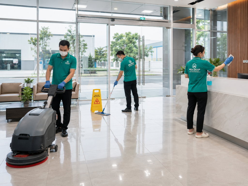 Dịch vụ vệ sinh công nghiệp MISA GROUP cho sảnh văn phòng nhà xưởng tại Bình Dương