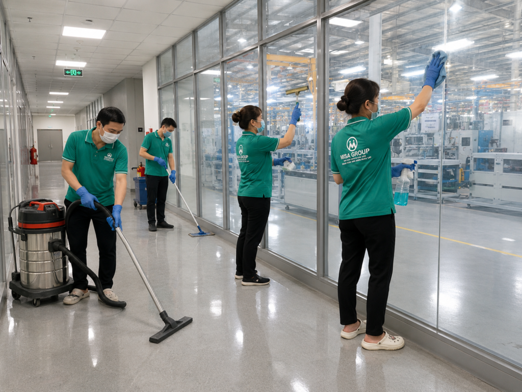 Đội ngũ MISA GROUP vệ sinh hành lang nhà xưởng tại khu công nghiệp Bình Dương