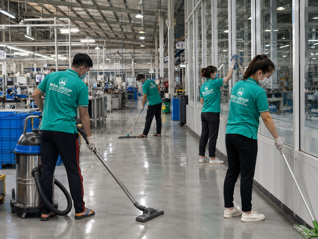 Đội ngũ MISA GROUP thực hiện vệ sinh nhà xưởng tại khu công nghiệp Đồng Nai