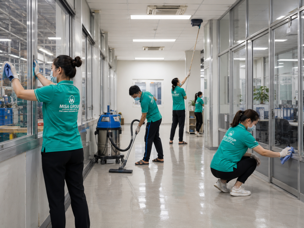 Đội vệ sinh công nghiệp MISA GROUP làm sạch văn phòng nhà xưởng và khu vực hành lang