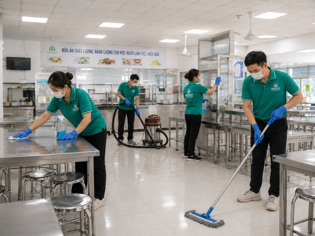 Đội vệ sinh MISA GROUP làm sạch khu vực nhà ăn và căn tin công nghiệp