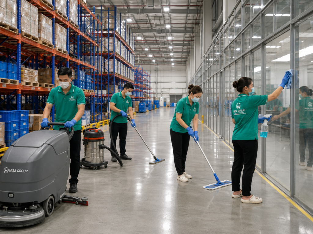 MISA GROUP vệ sinh kho hàng, sàn nhà xưởng và vách kính trong khu công nghiệp Bình Dương