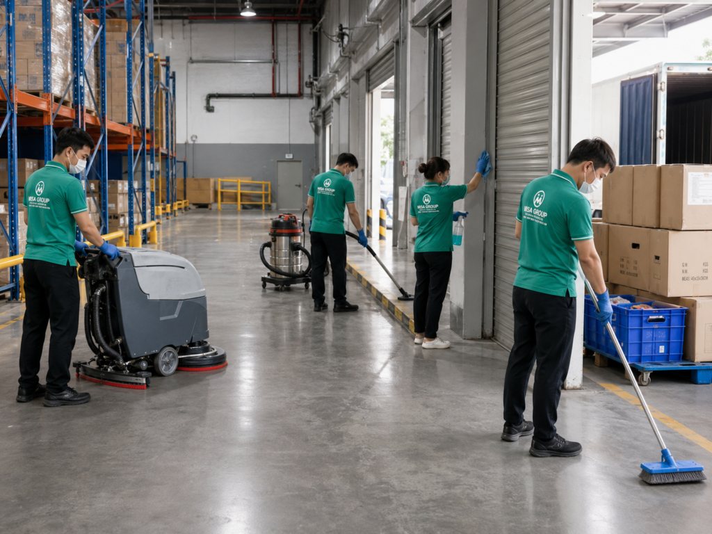 MISA GROUP vệ sinh khu vực kho vận, cửa cuốn và sàn nhà xưởng tại Bình Dương