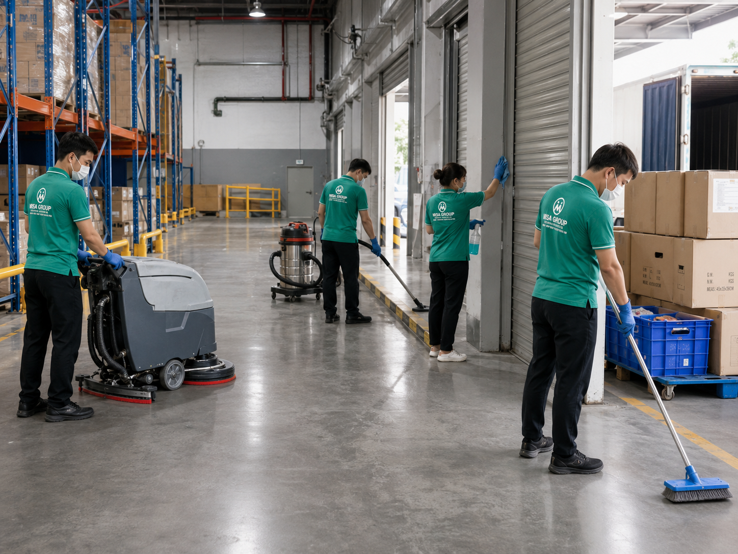MISA GROUP vệ sinh khu vực kho vận, cửa cuốn và sàn nhà xưởng tại Bình Dương