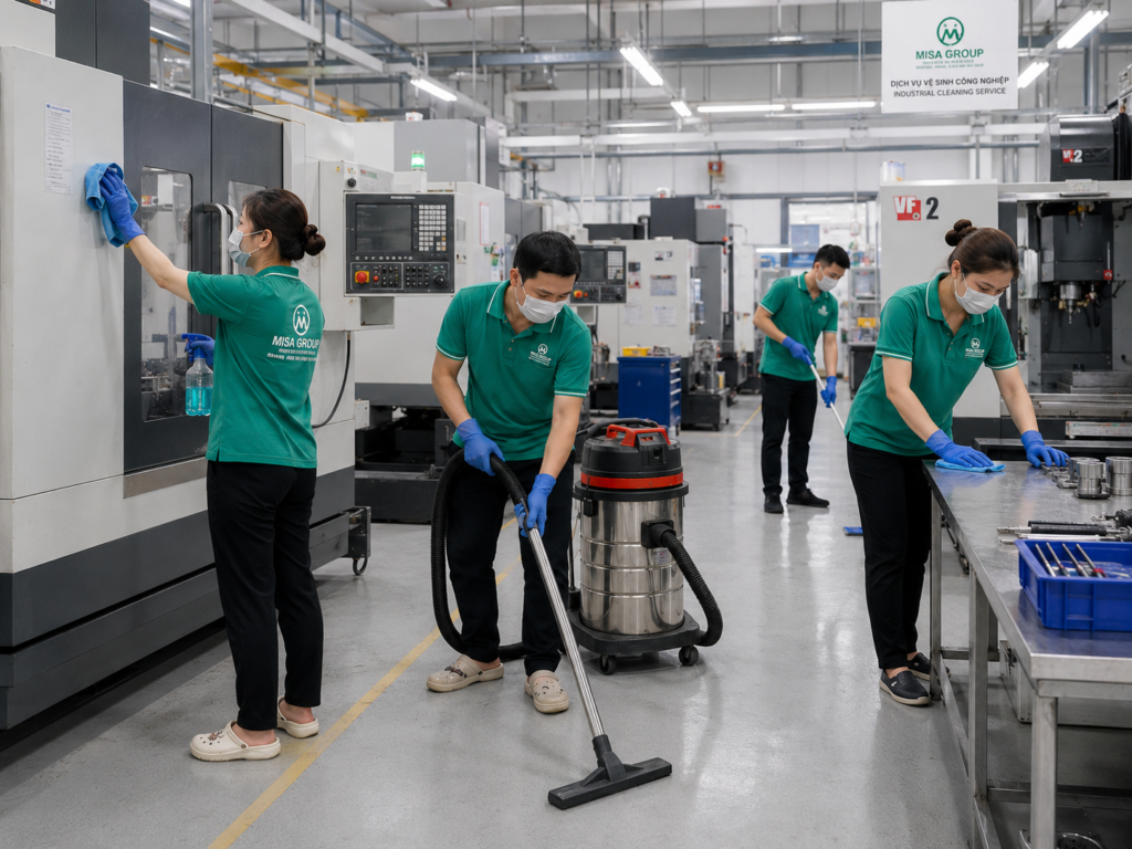 MISA GROUP vệ sinh xưởng cơ khí, máy móc và bàn thao tác sản xuất