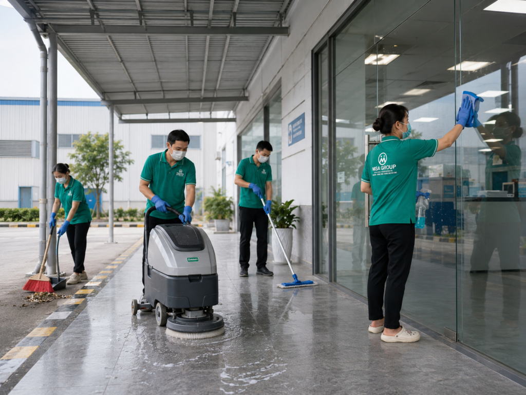 Nhân viên MISA GROUP vệ sinh khu vực lối vào và mặt kính nhà xưởng