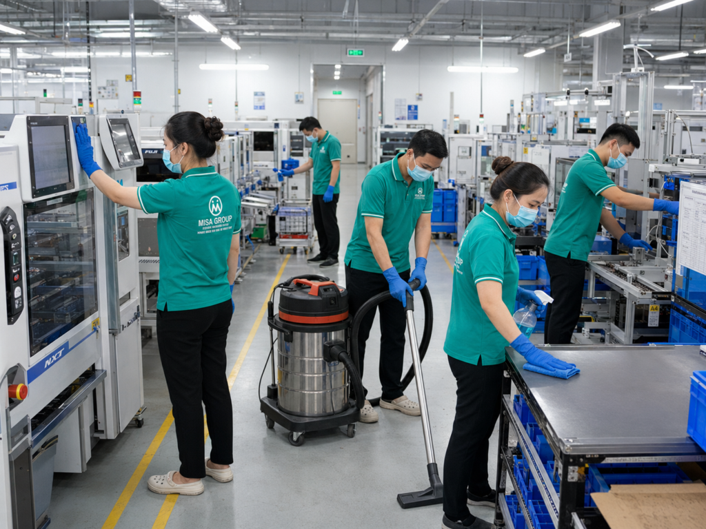 Nhân viên MISA GROUP vệ sinh máy móc và khu vực sản xuất trong nhà máy