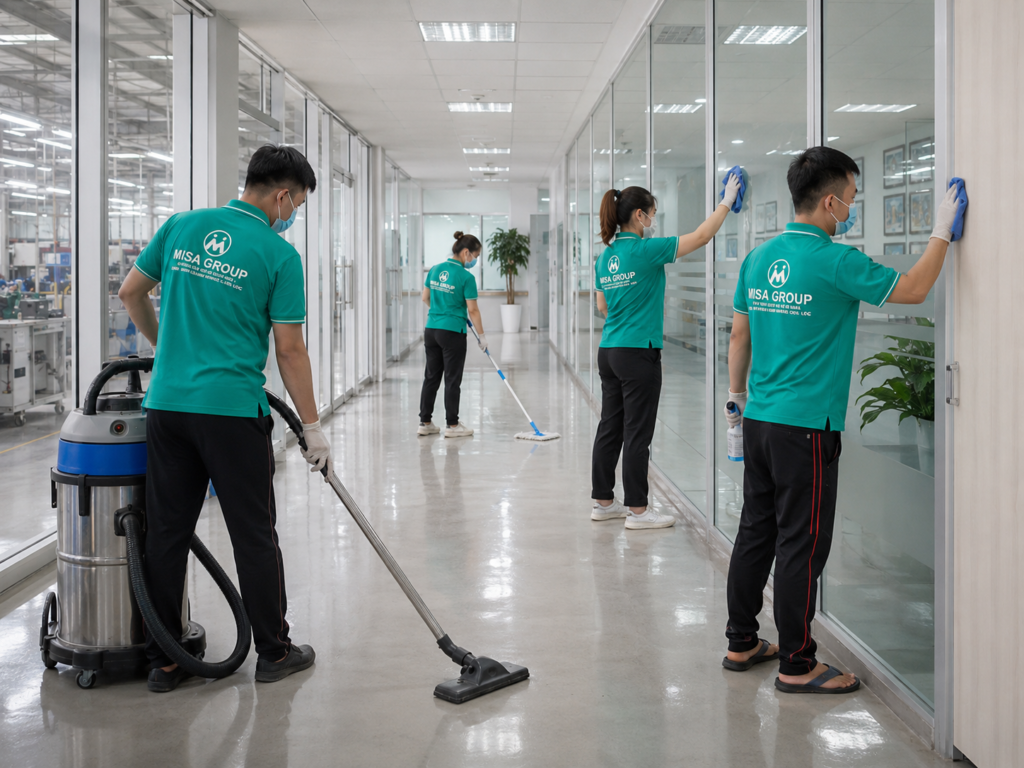 Nhân viên MISA GROUP vệ sinh sàn, kính và khu vực sản xuất trong nhà máy